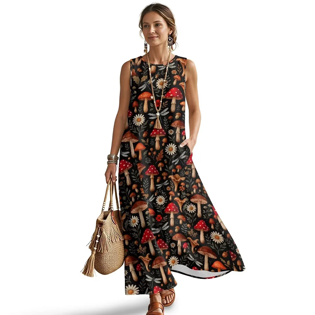 Kirablend Mira Printed Sleeveless A-Line Maxi Sundress with Pockets