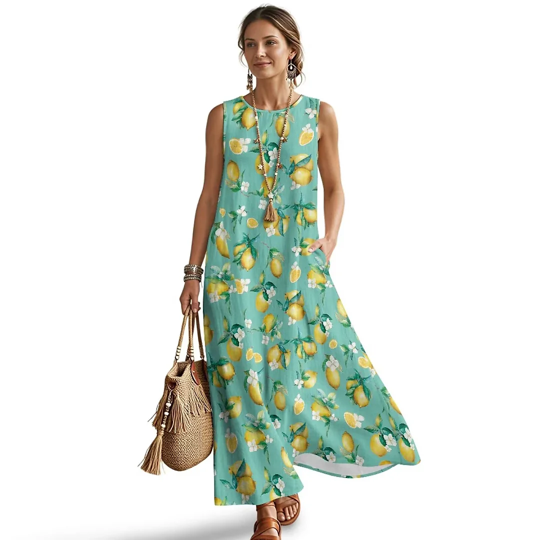 Kirablend Mira Printed Sleeveless A-Line Maxi Sundress with Pockets