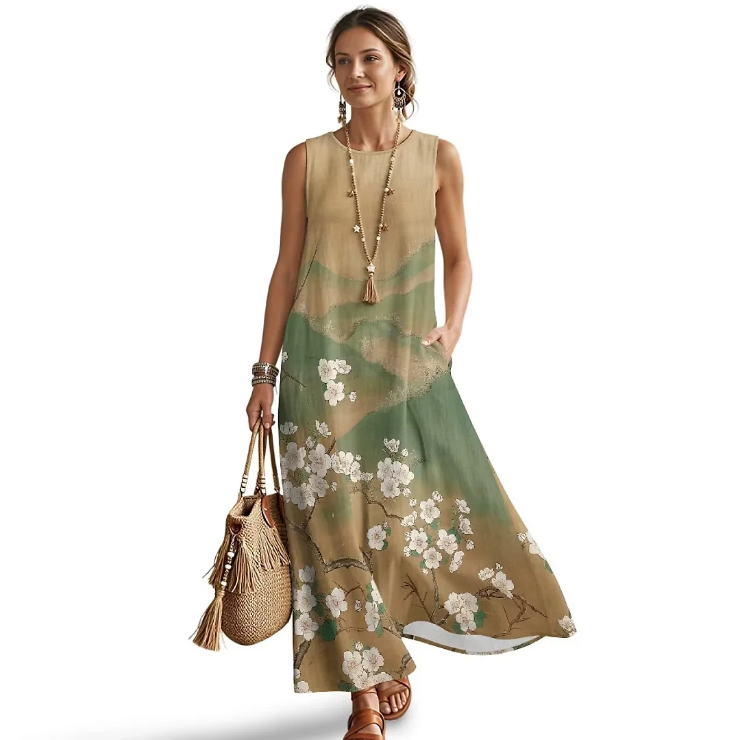 Kirablend Mira Printed Sleeveless A-Line Maxi Sundress with Pockets