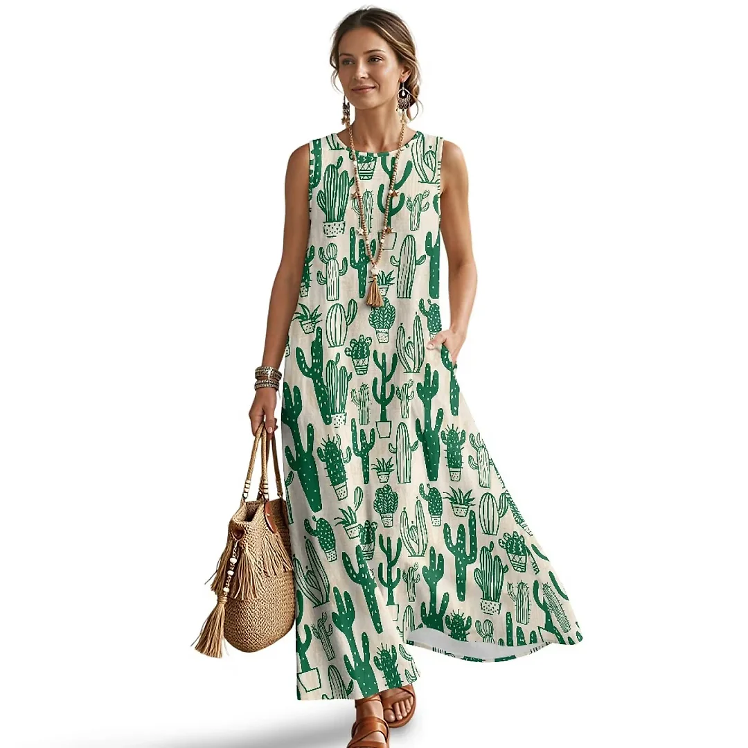 Kirablend Mira Printed Sleeveless A-Line Maxi Sundress with Pockets