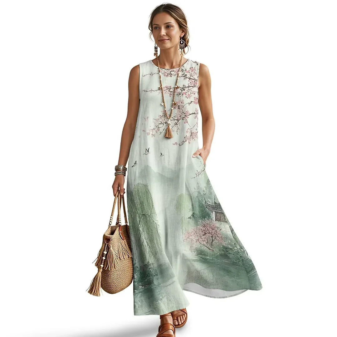 Kirablend Mira Printed Sleeveless A-Line Maxi Sundress with Pockets