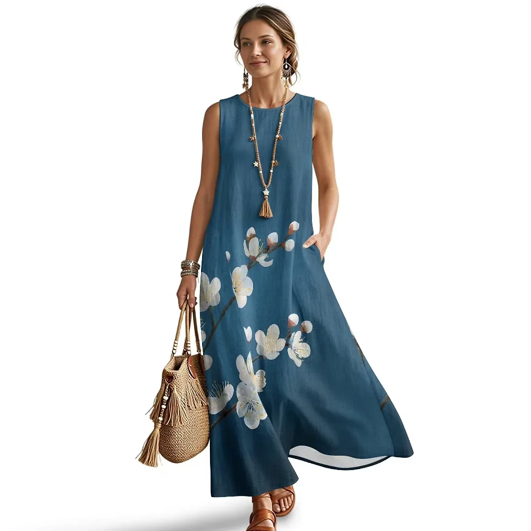Kirablend Mira Printed Sleeveless A-Line Maxi Sundress with Pockets