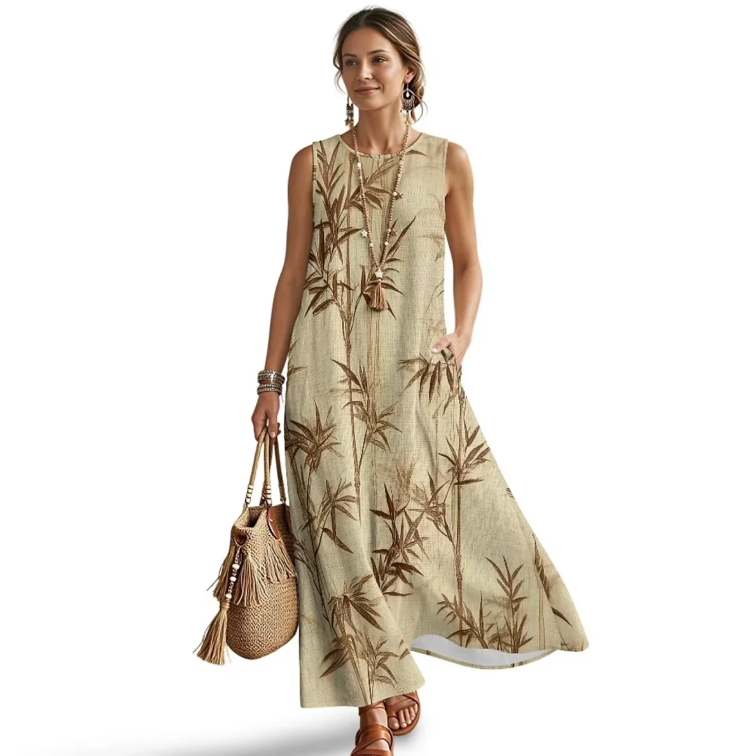 Kirablend Mira Printed Sleeveless A-Line Maxi Sundress with Pockets