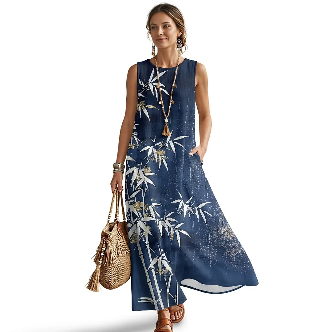Kirablend Mira Printed Sleeveless A-Line Maxi Sundress with Pockets