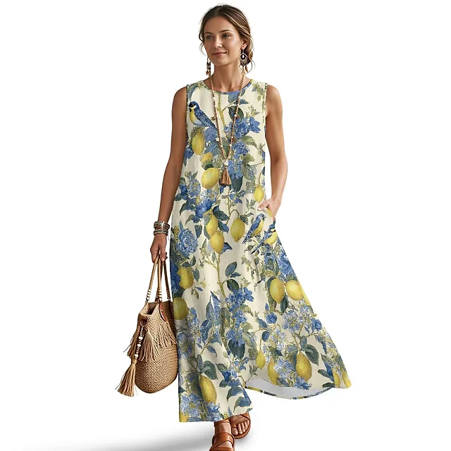 Kirablend Mira Printed Sleeveless A-Line Maxi Sundress with Pockets