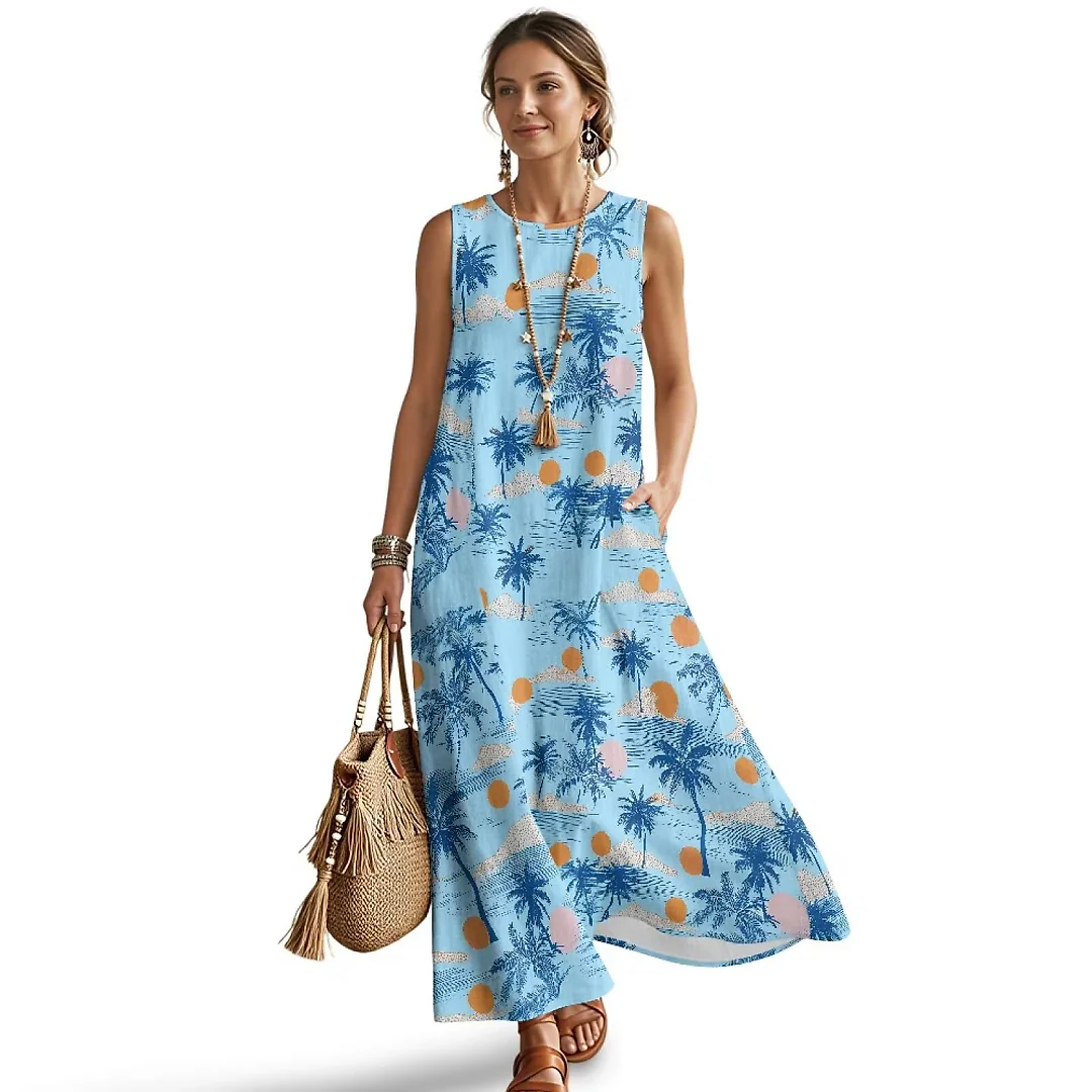 Kirablend Mira Printed Sleeveless A-Line Maxi Sundress with Pockets