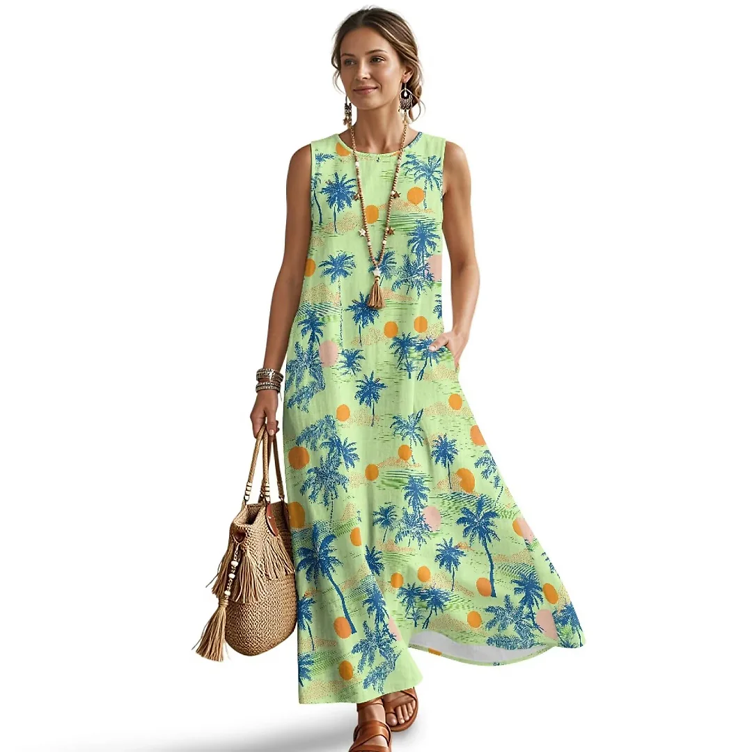 Kirablend Mira Printed Sleeveless A-Line Maxi Sundress with Pockets