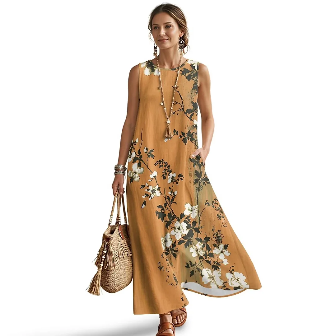 Kirablend Mira Printed Sleeveless A-Line Maxi Sundress with Pockets