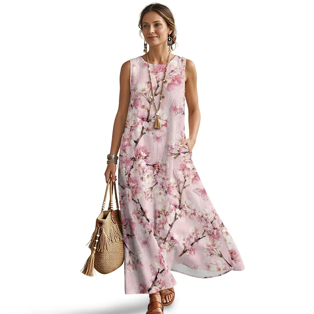 Kirablend Nalani Linen-Look Sleeveless Maxi Dress with Pockets