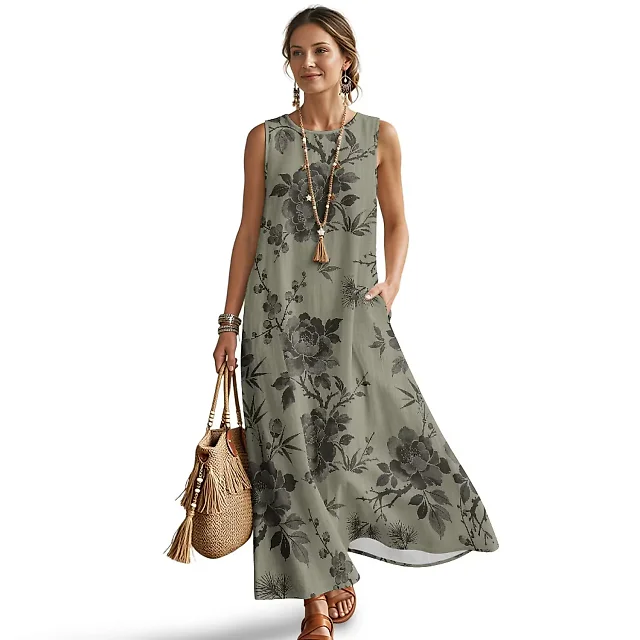 Kirablend Nalani Linen-Look Sleeveless Maxi Dress with Pockets