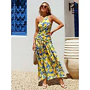 Kirablend Soleil Lemon-Print Halter Open-Back Maxi Dress