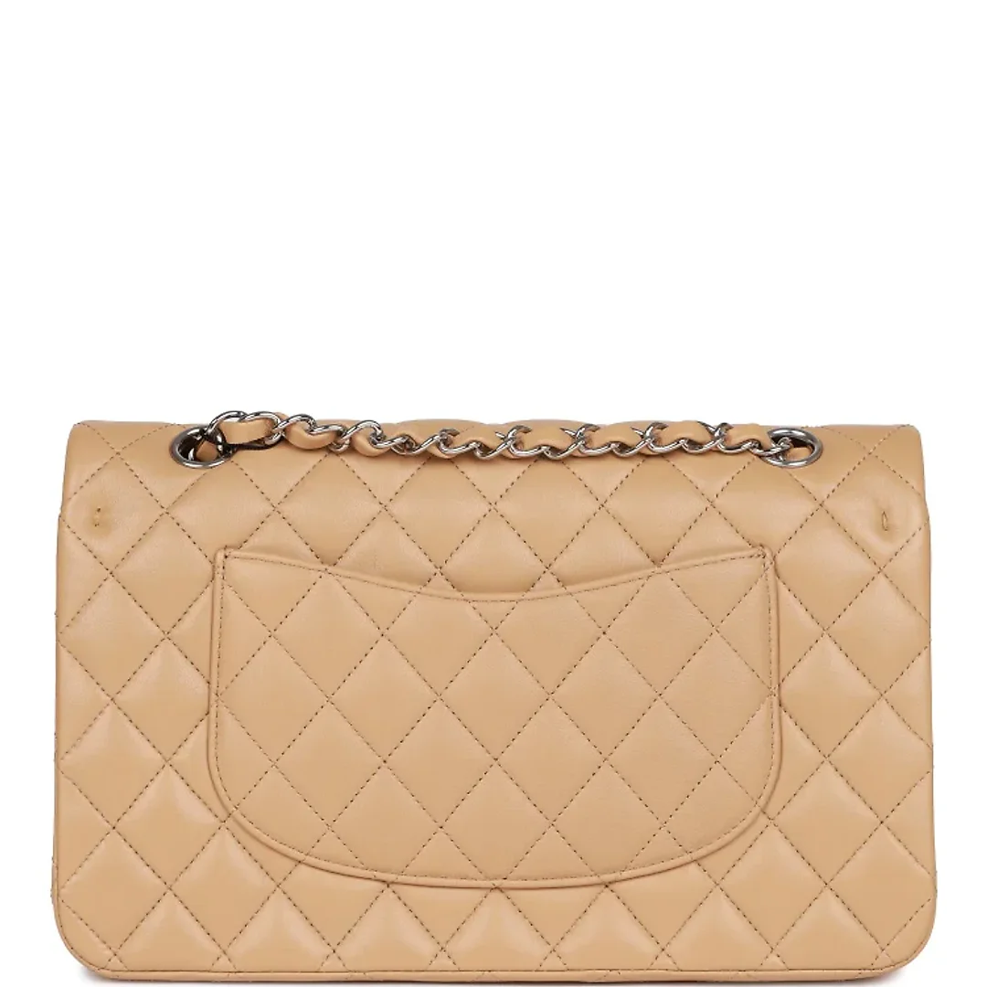 CC Medium Classic Double Flap Bag Beige Lambskin Silver Hardware