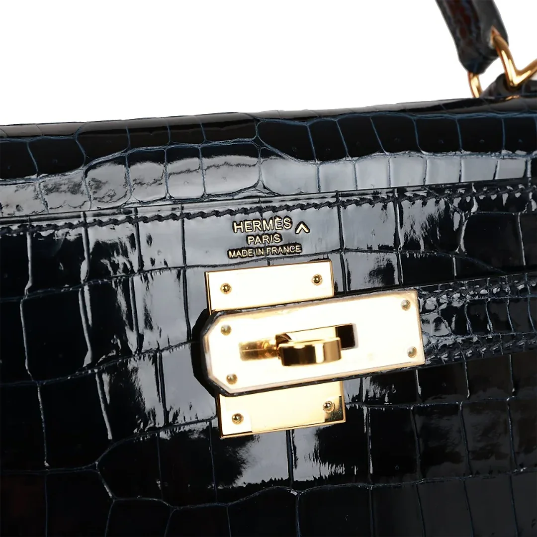 H Kelly Sellier 28 Bleu Baltique Shiny Porosus Crocodile Gold Hardware