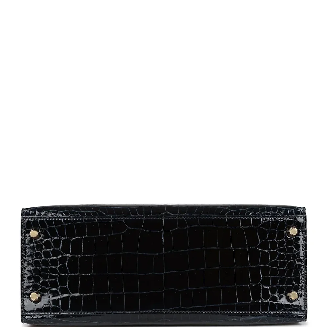 H Kelly Sellier 28 Bleu Baltique Shiny Porosus Crocodile Gold Hardware