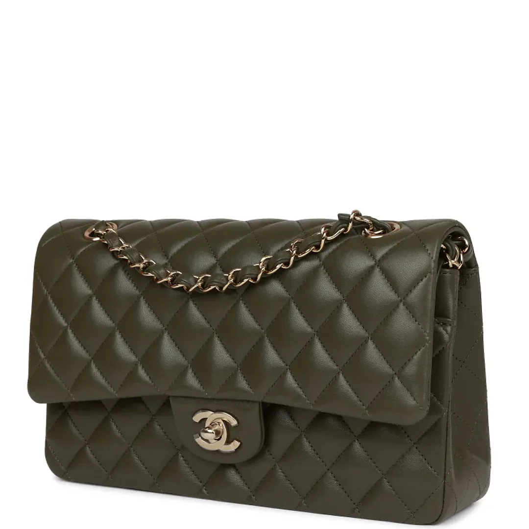 CC Medium Classic Double Flap Bag Olive Calfskin Light Gold Hardware