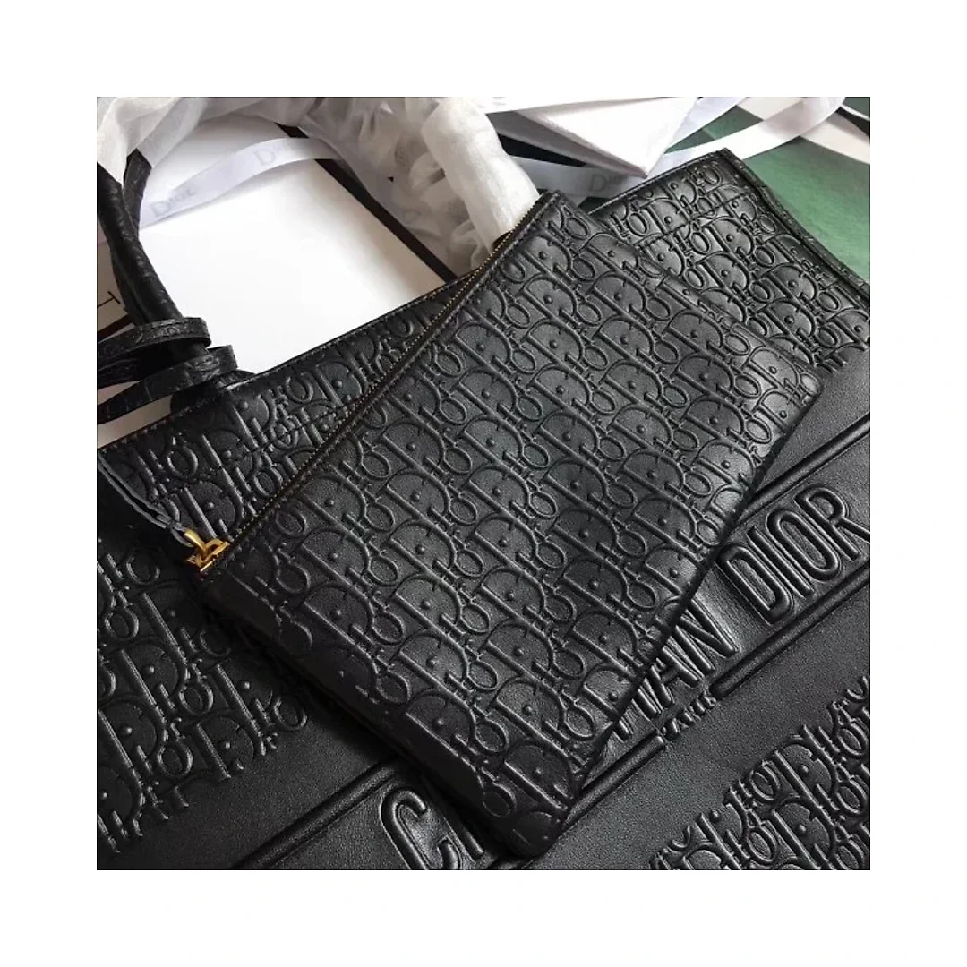 D Book Tote Bag In Black Oblique Embossed Calfskin