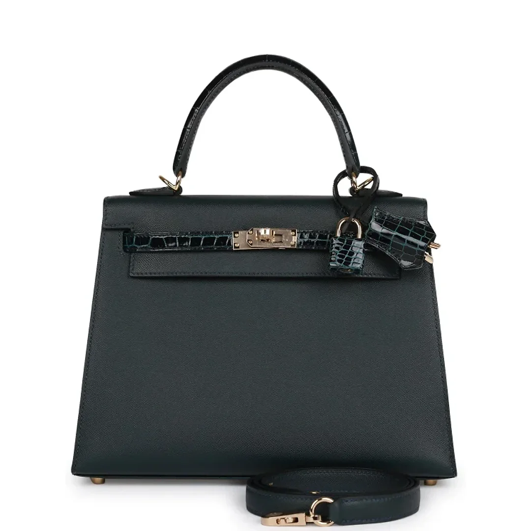 H Kelly Sellier 25 Vert Rousseau Madame and Shiny Niloticus Crocodile Touch Gold Hardware