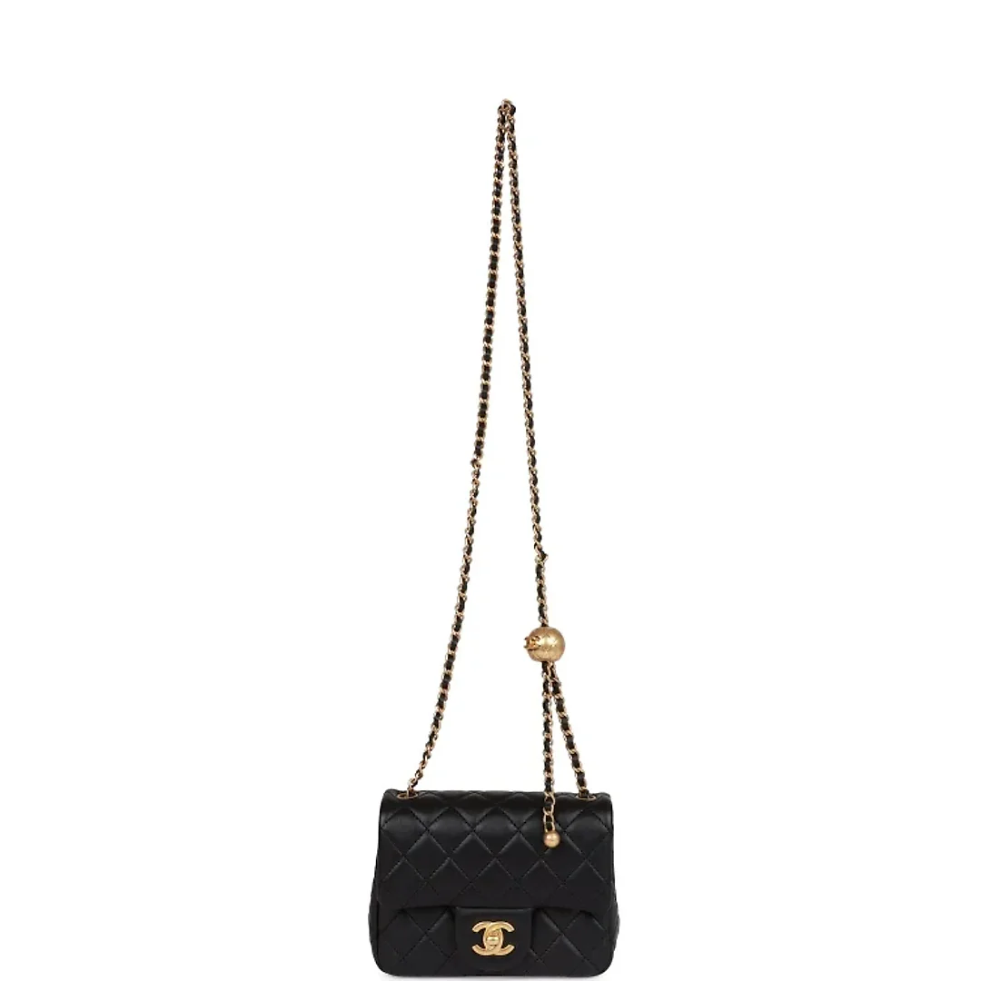 CC Pearl Crush Mini Square Flap Bag Black Lambskin Antique Gold Hardware