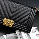 CC 25.5cm Boy Handbag Black Grained Calfskin Gold Tone Metal Caviar leather