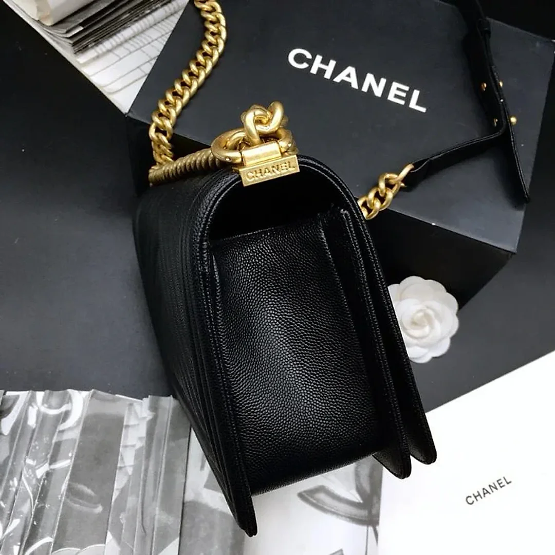 CC 25.5cm Boy Handbag Black Grained Calfskin Gold Tone Metal Caviar leather