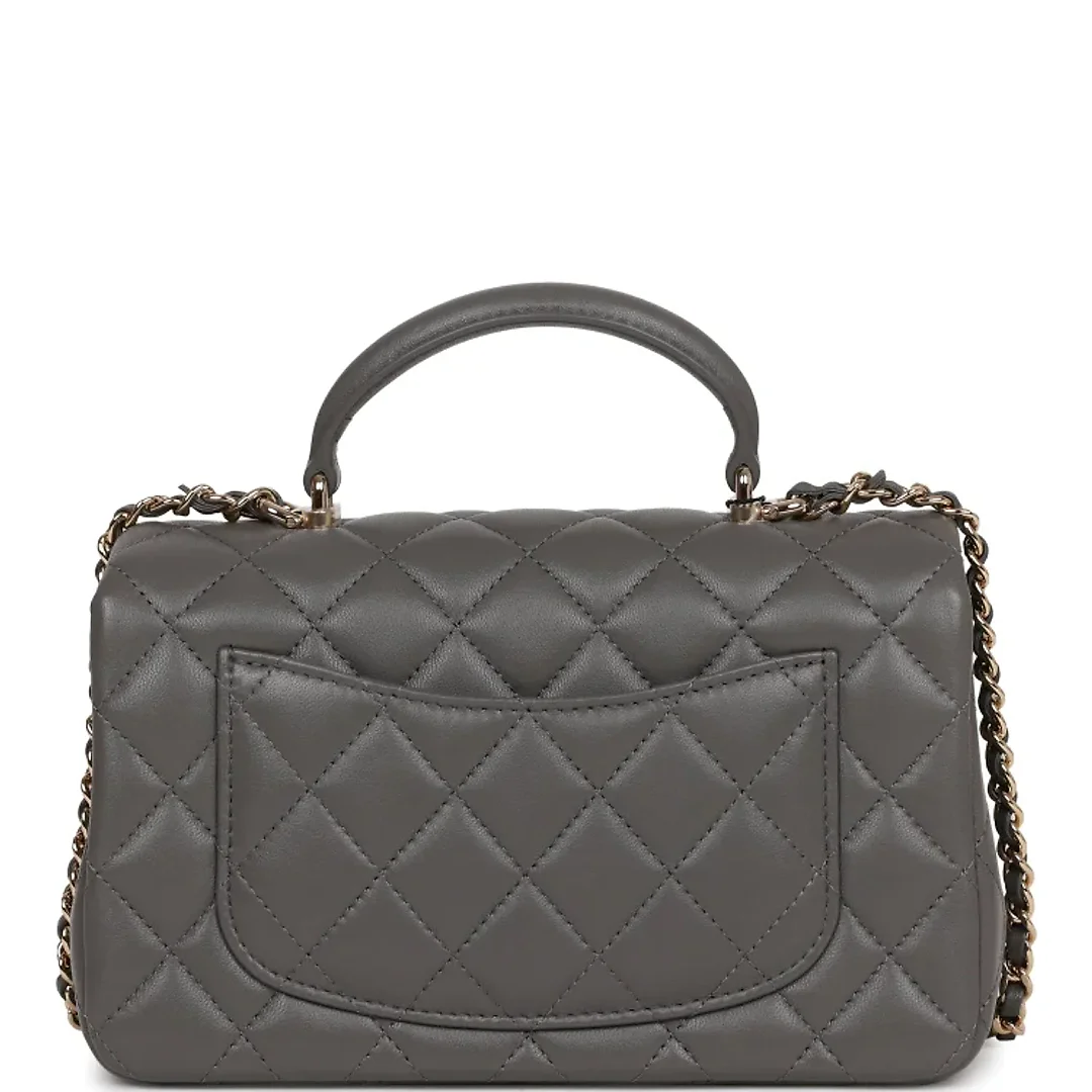 CC Mini Rectangular Flap Bag with Top Handle Dark Grey Lambskin Light Gold Hardware