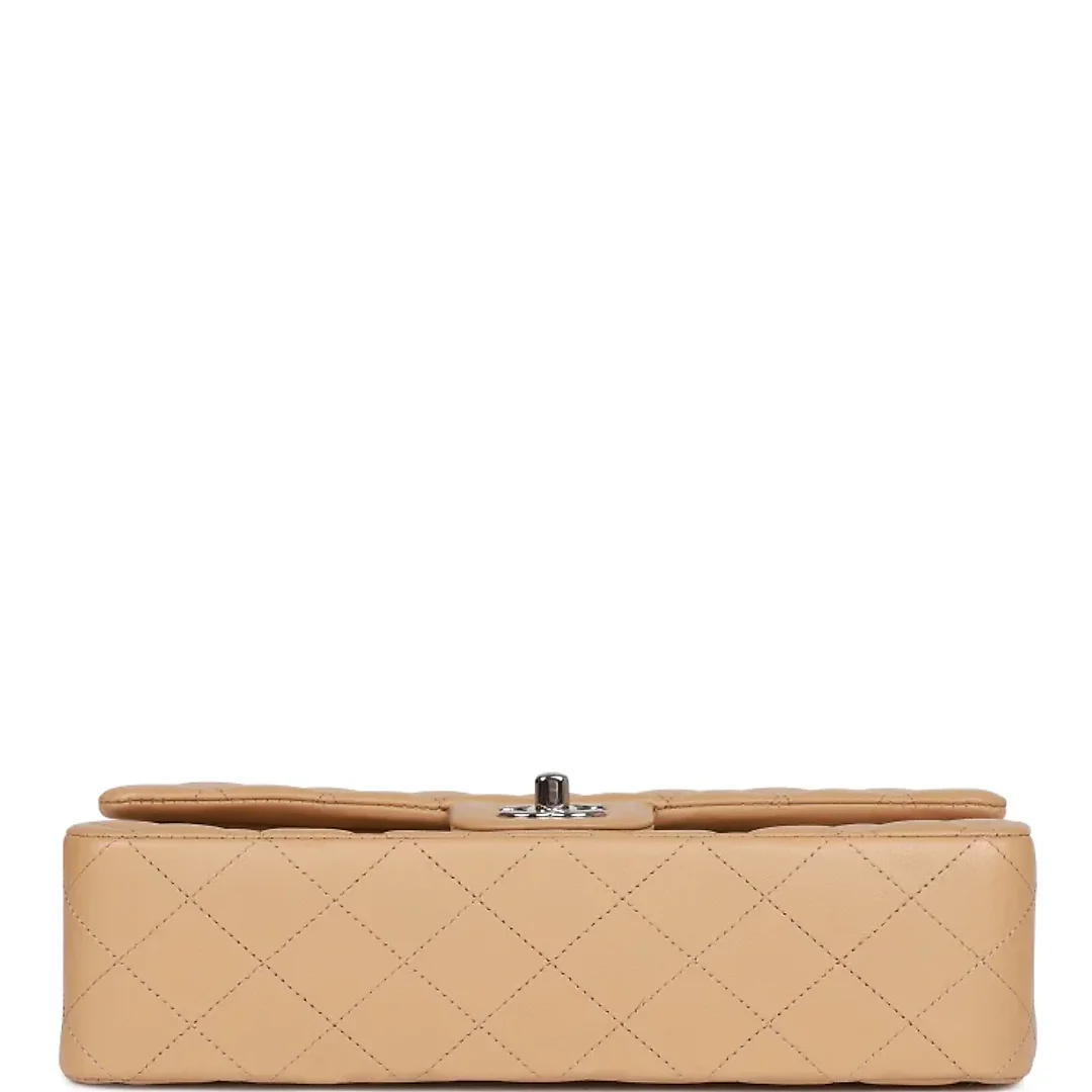 CC Medium Classic Double Flap Bag Beige Lambskin Silver Hardware