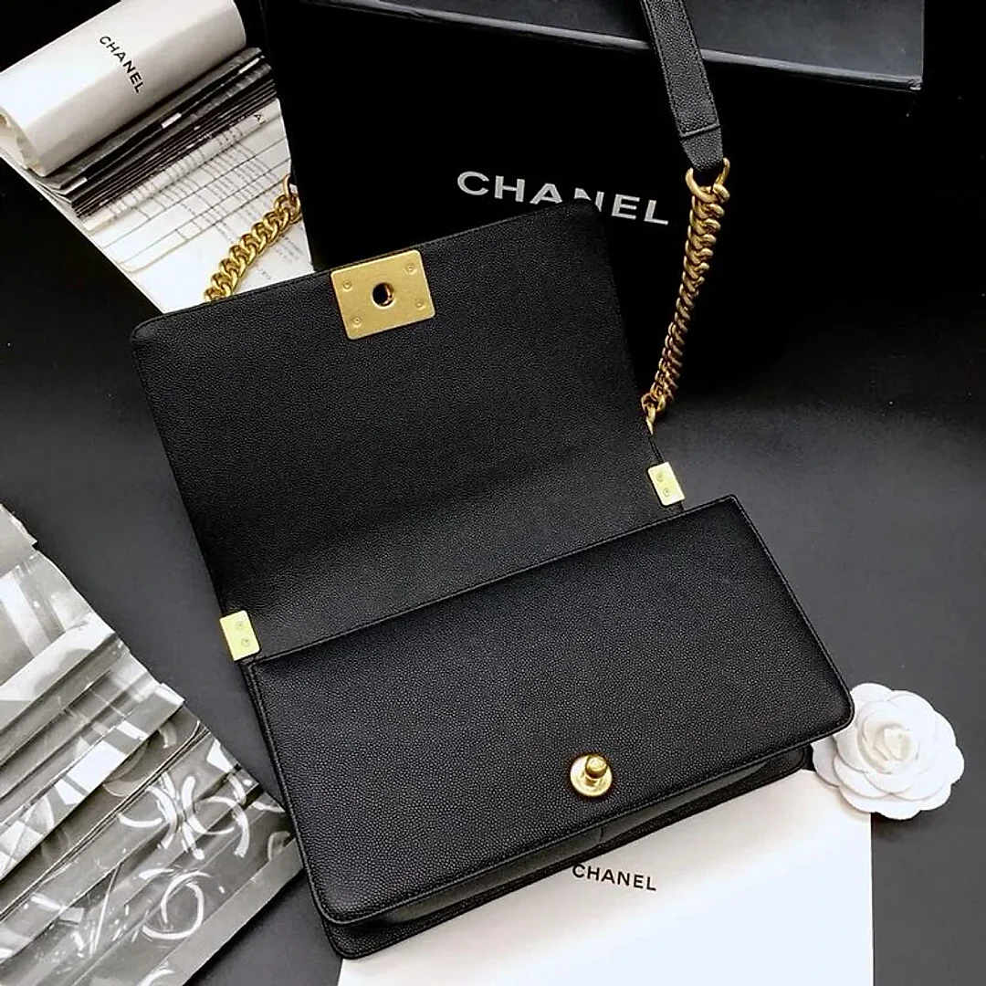 CC 25.5cm Boy Handbag Black Grained Calfskin Gold Tone Metal Caviar leather