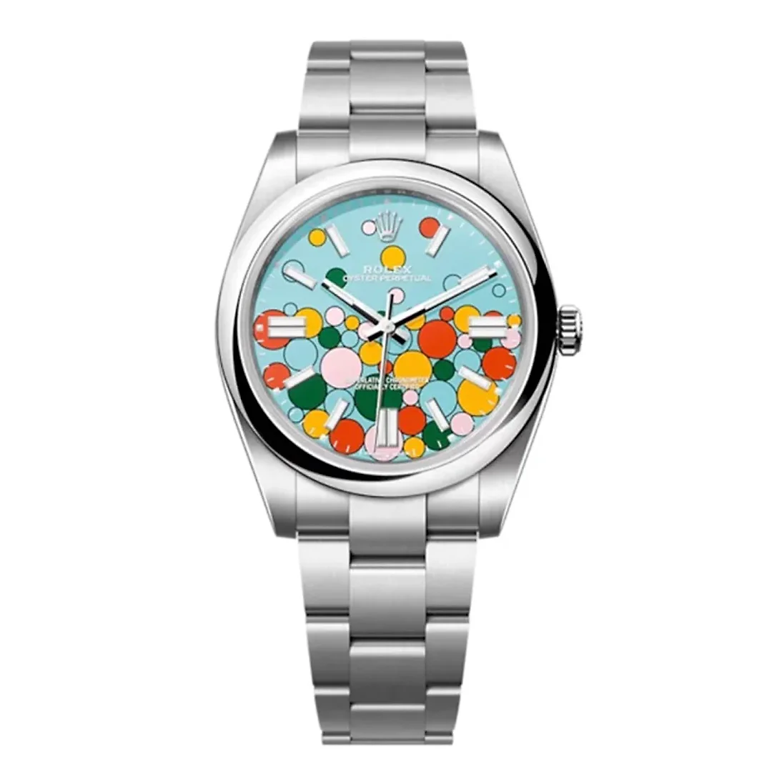 2023 Release Rolex Oyster Perpetual 41, Turquoise blue, Celebration motif dial, Oyster bracelet, Oystersteel Watch 124300