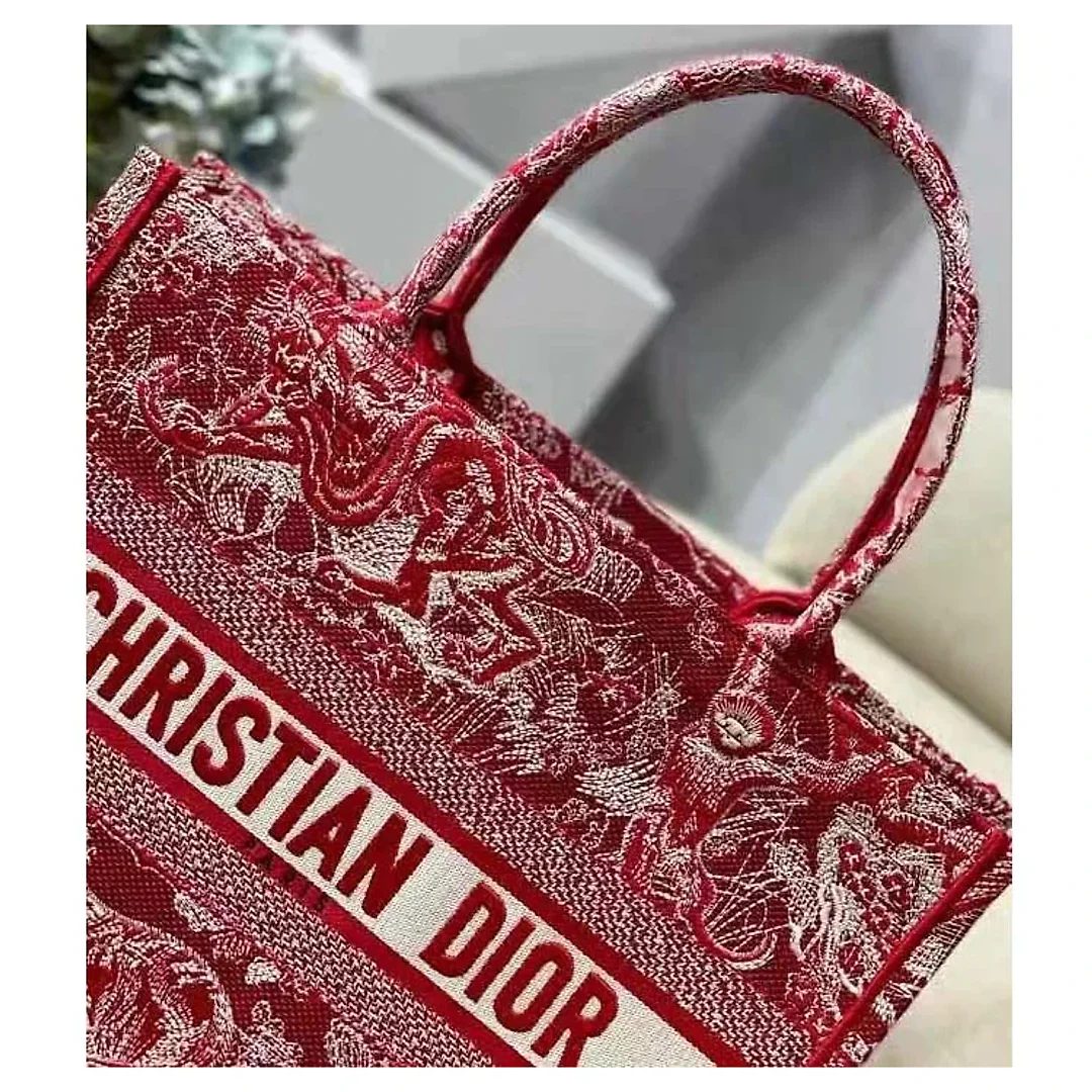 CD Unisex Medium Book Tote Burgundy Toile De Jouy Stripes Embroidery
