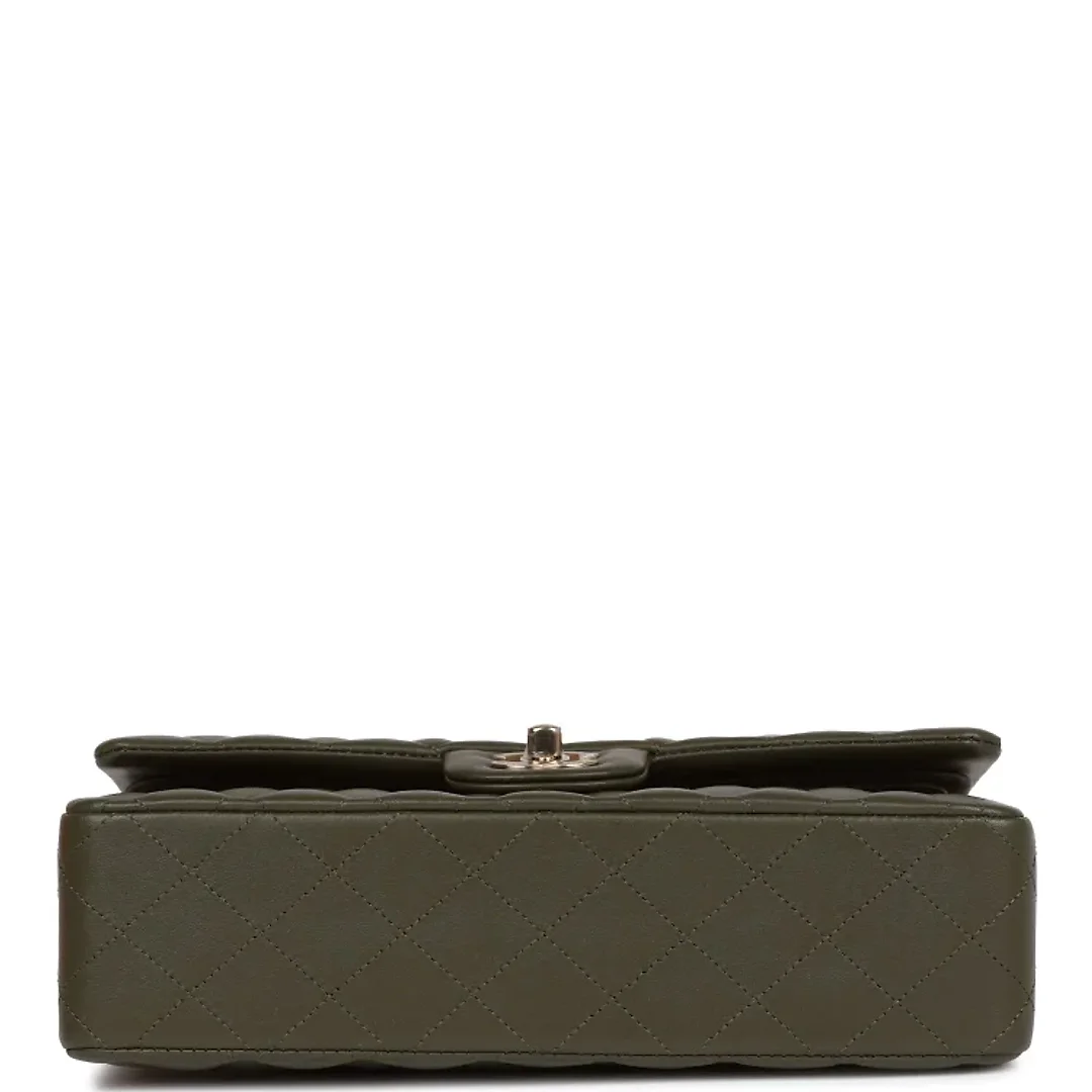 CC Medium Classic Double Flap Bag Olive Calfskin Light Gold Hardware