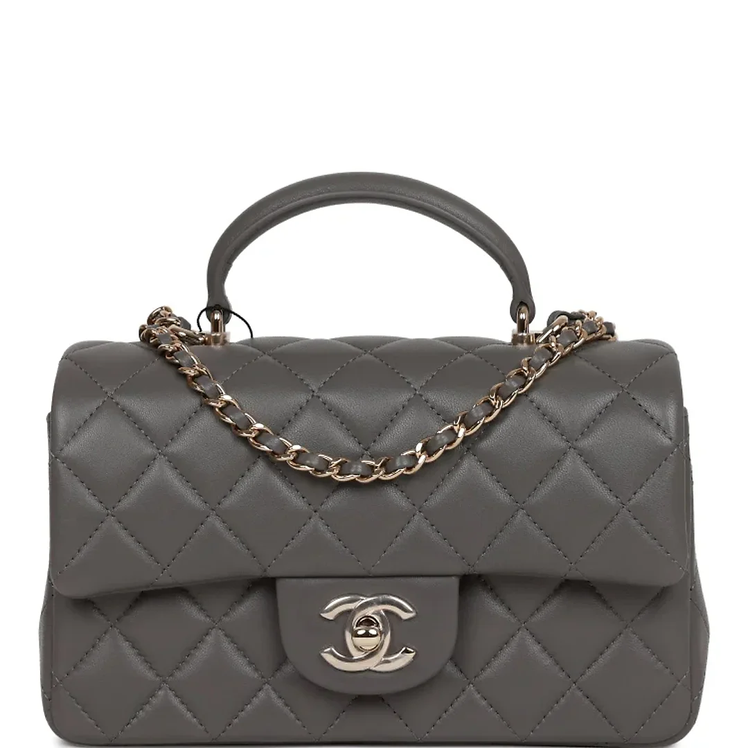 CC Mini Rectangular Flap Bag with Top Handle Dark Grey Lambskin Light Gold Hardware