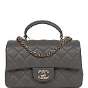 CC Mini Rectangular Flap Bag with Top Handle Dark Grey Lambskin Light Gold Hardware