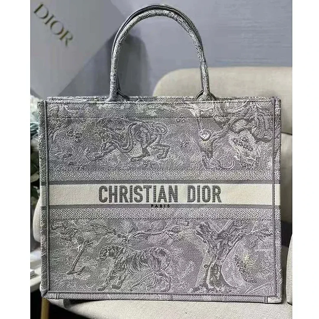 CD Unisex CD Large CD Book Tote Gray Toile De Jouy Embroidery
