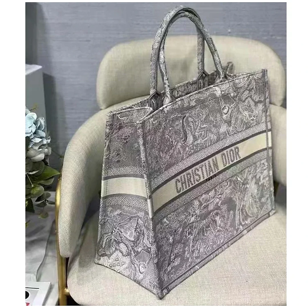 CD Unisex CD Large CD Book Tote Gray Toile De Jouy Embroidery