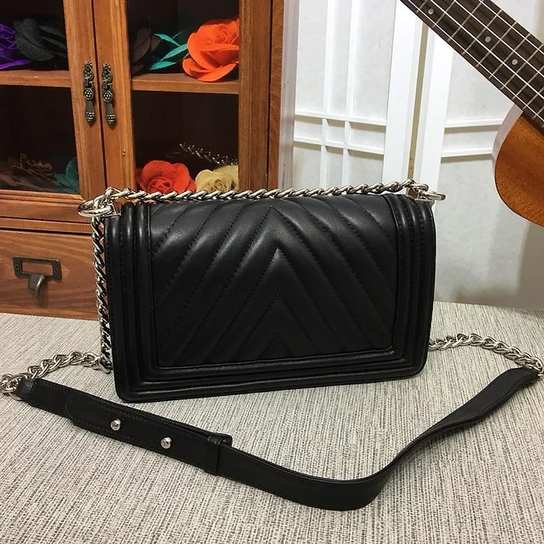 CC 25cm Boy Handbag Calfskin Silver Tone Metal Black