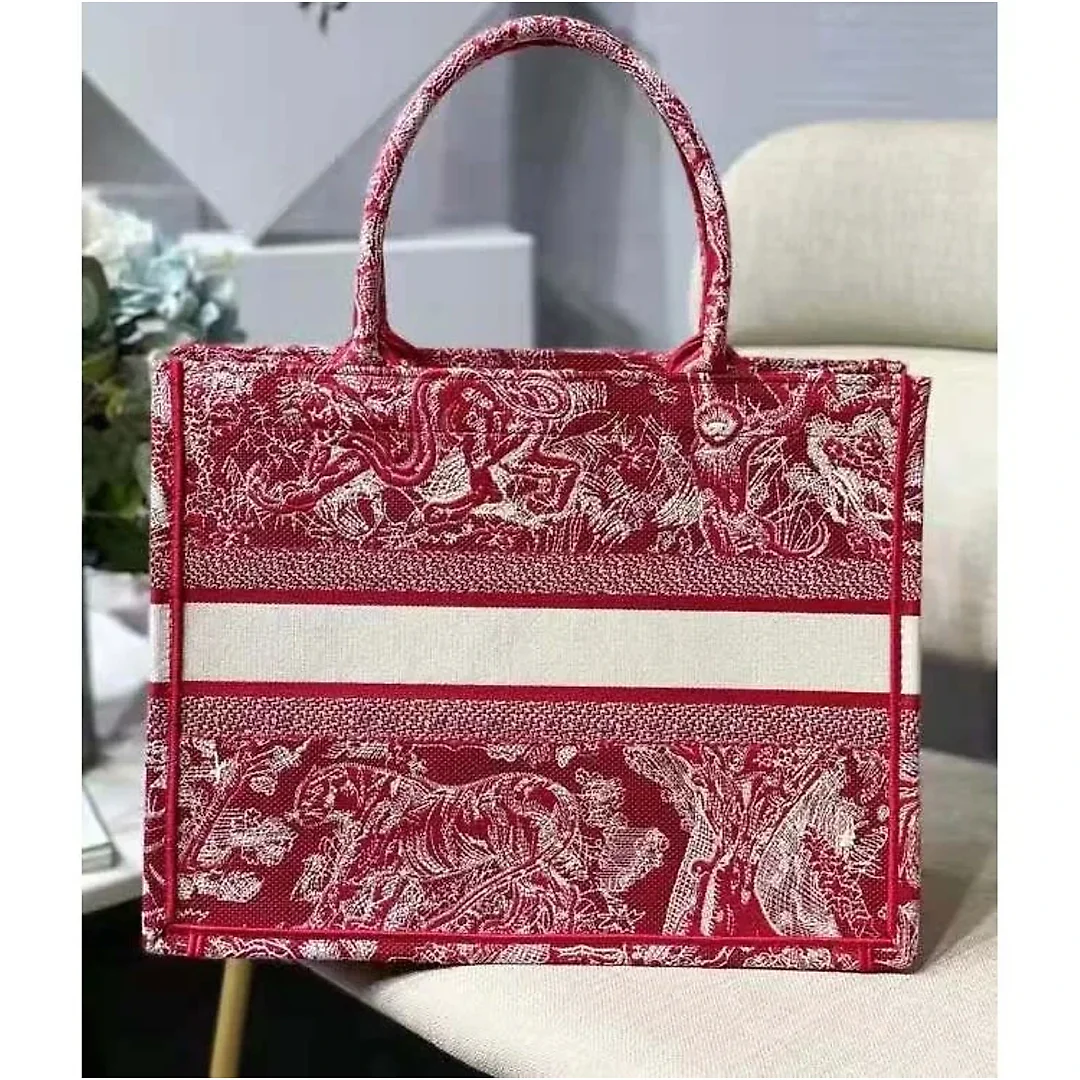 CD Unisex Medium Book Tote Burgundy Toile De Jouy Stripes Embroidery
