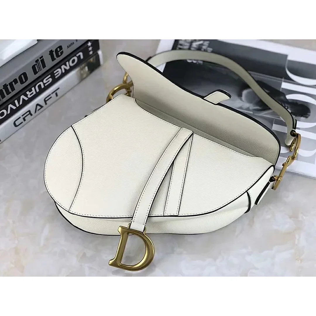 CHRISTIAN D Grained Calfskin Saddle Bag White