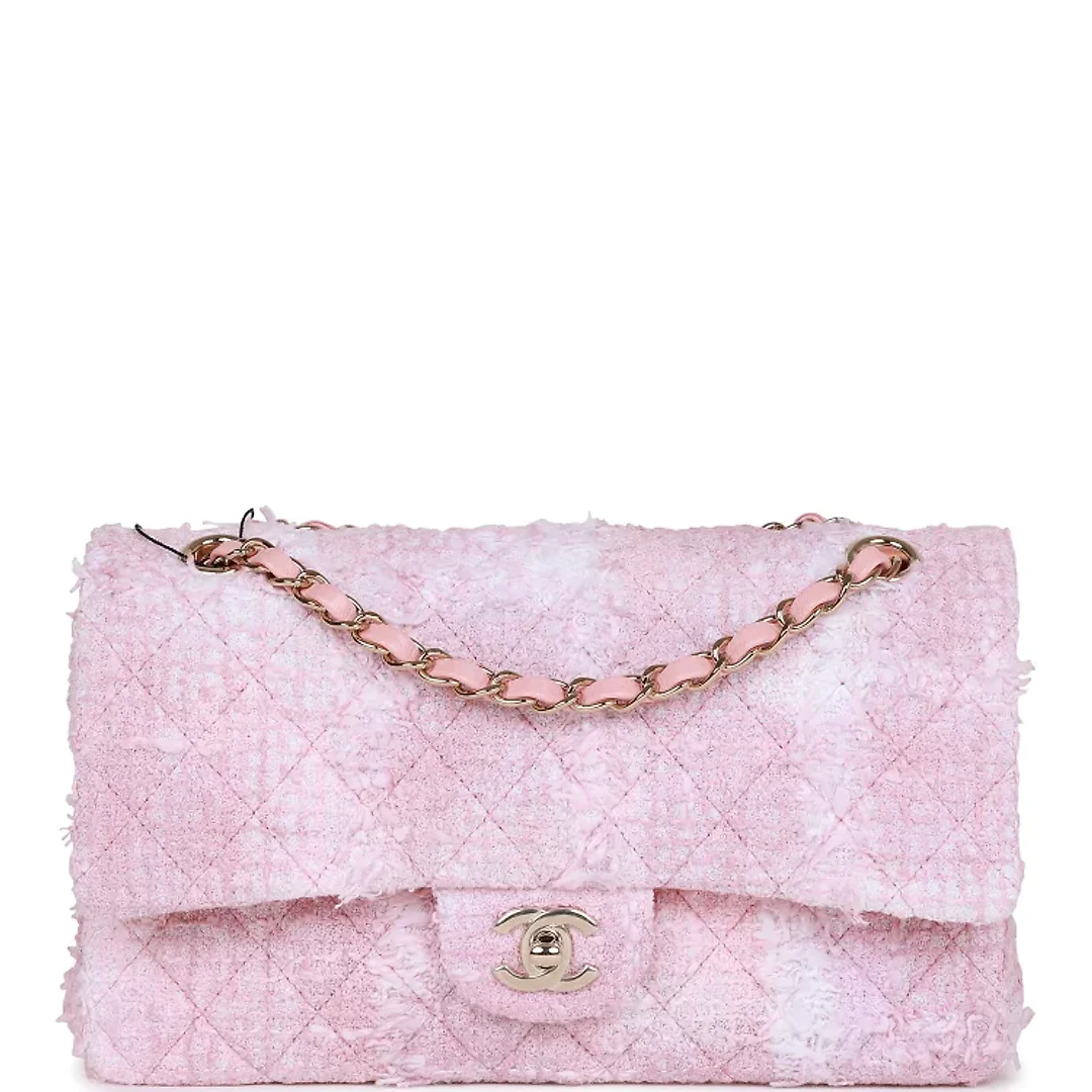 CC Medium Classic Double Flap Bag Rose Sakura Tweed Light Gold Hardware
