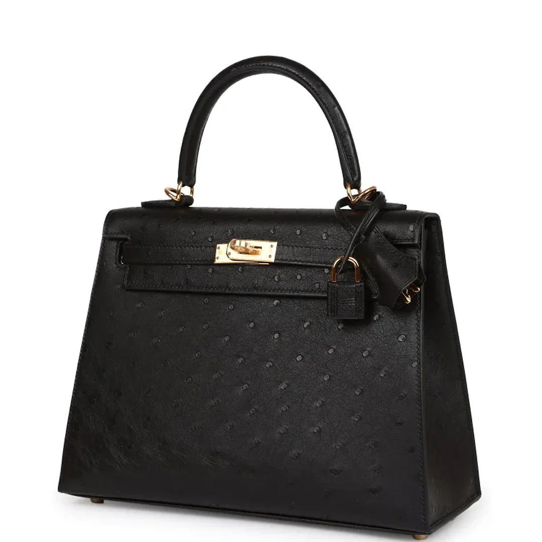 H Kelly Sellier 25 Black Ostrich Gold Hardware