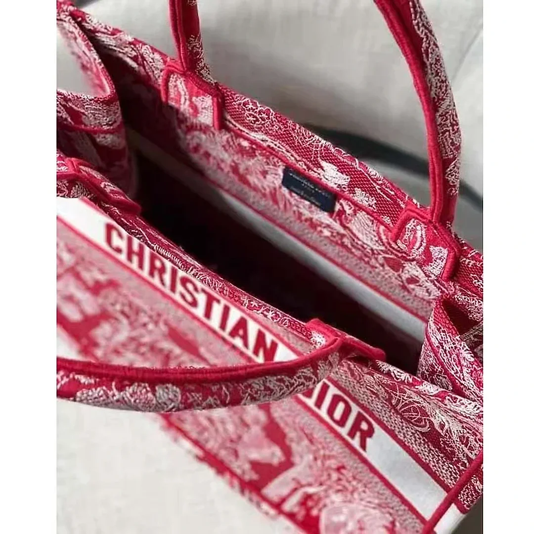 CD Unisex Medium Book Tote Burgundy Toile De Jouy Stripes Embroidery