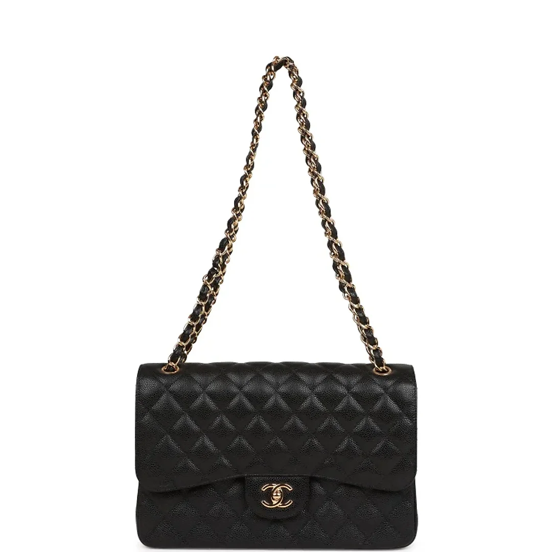 CC Jumbo Classic Double Flap Bag Black Caviar Gold Hardware