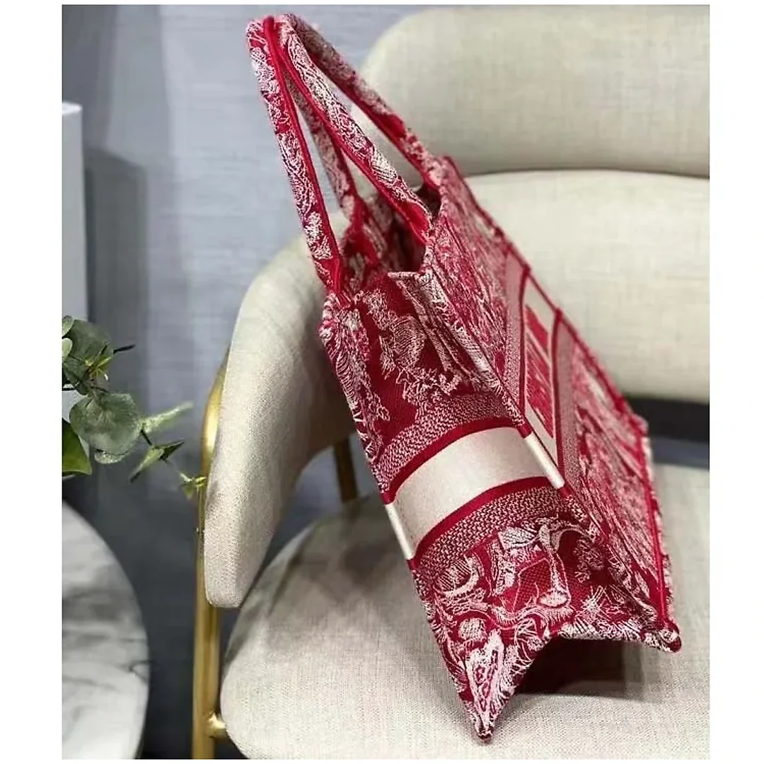 CD Unisex Medium Book Tote Burgundy Toile De Jouy Stripes Embroidery
