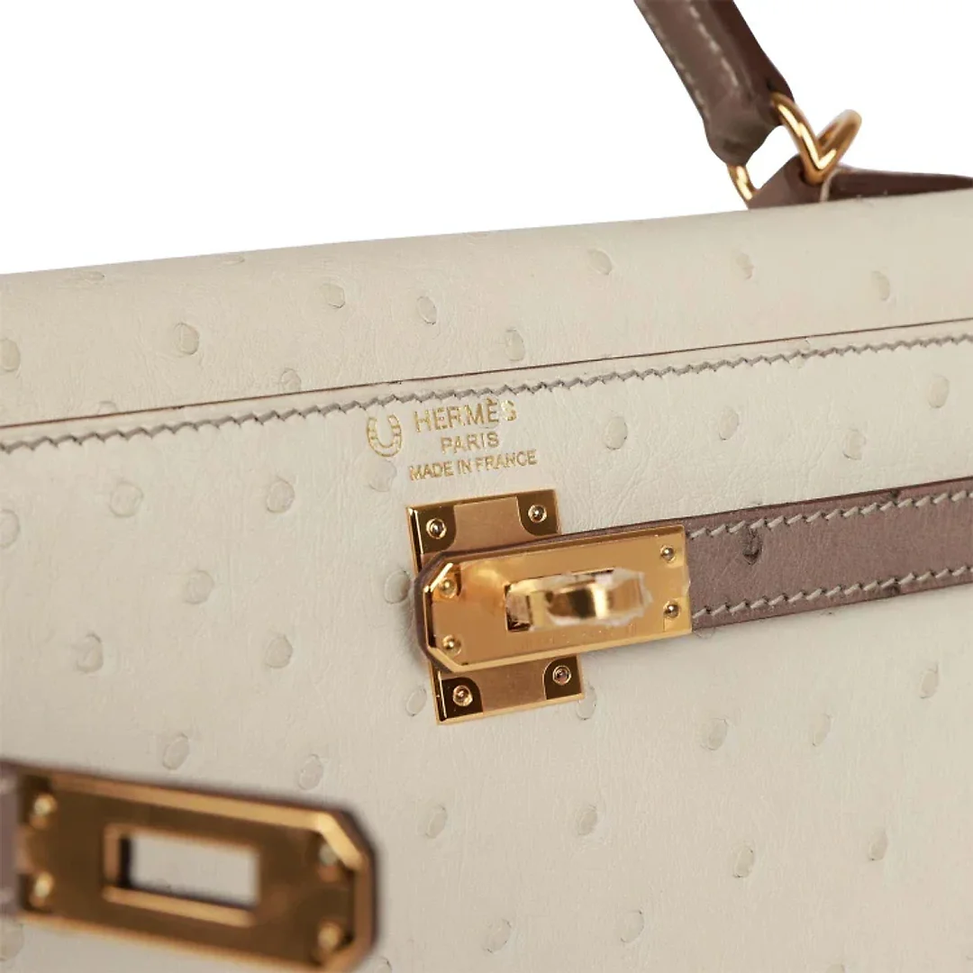 H Special Order (HSS) Kelly Sellier 25 Beton and Gris Asphalte Ostrich Gold Hardware