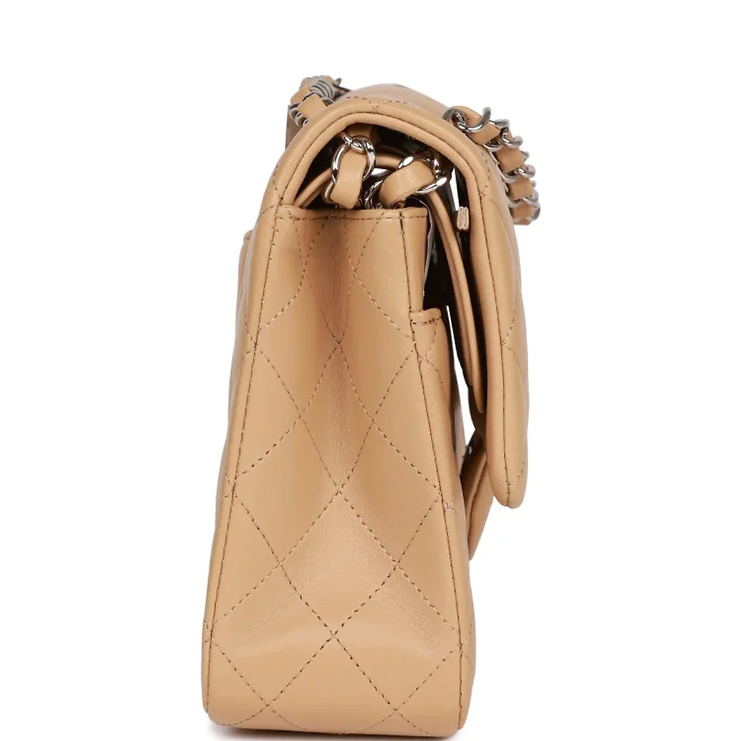 CC Medium Classic Double Flap Bag Beige Lambskin Silver Hardware