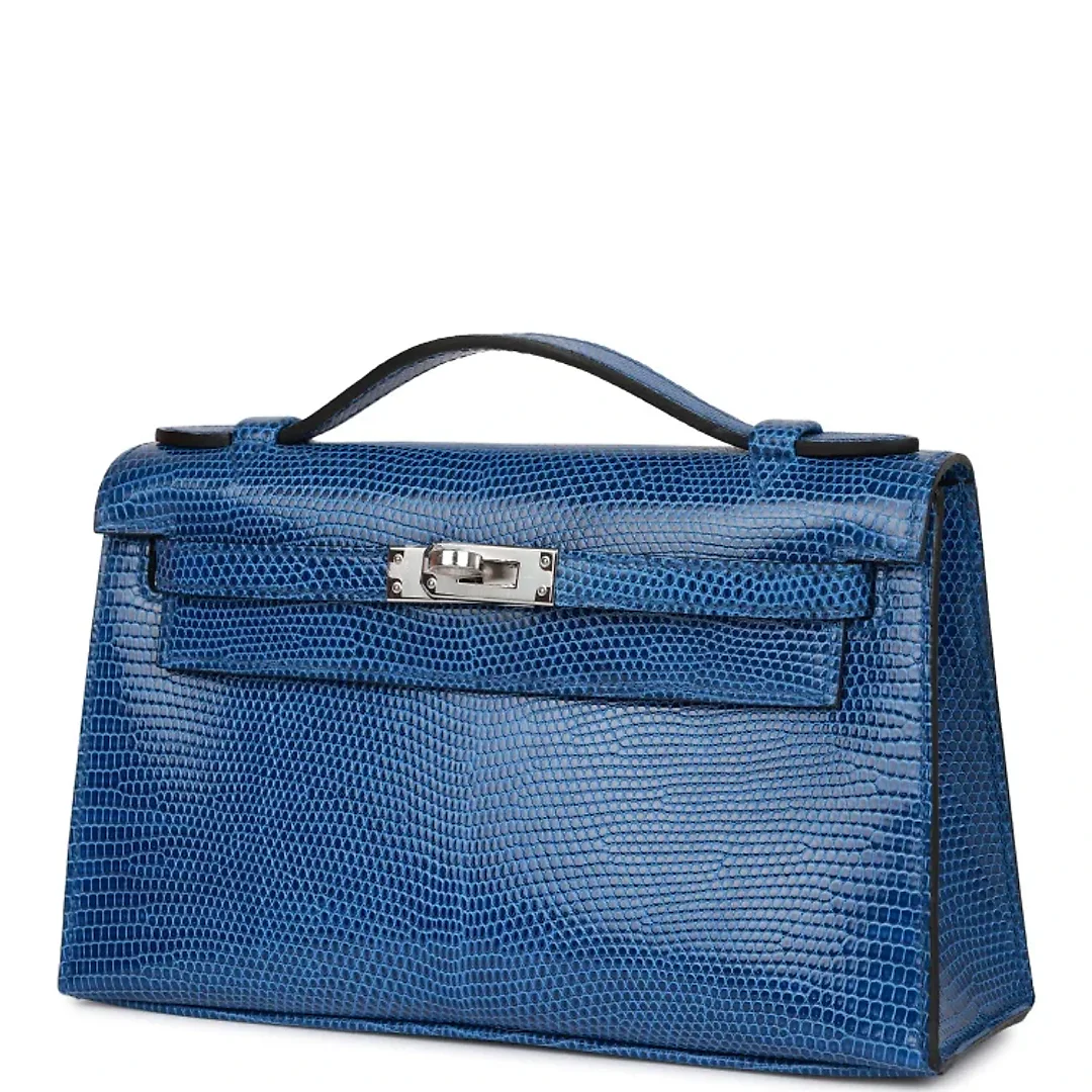 H Kelly Pochette Bleu Saphir Lizard Palladium Hardware