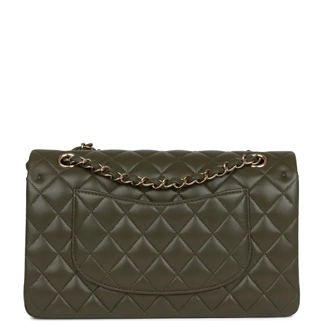 CC Medium Classic Double Flap Bag Olive Calfskin Light Gold Hardware
