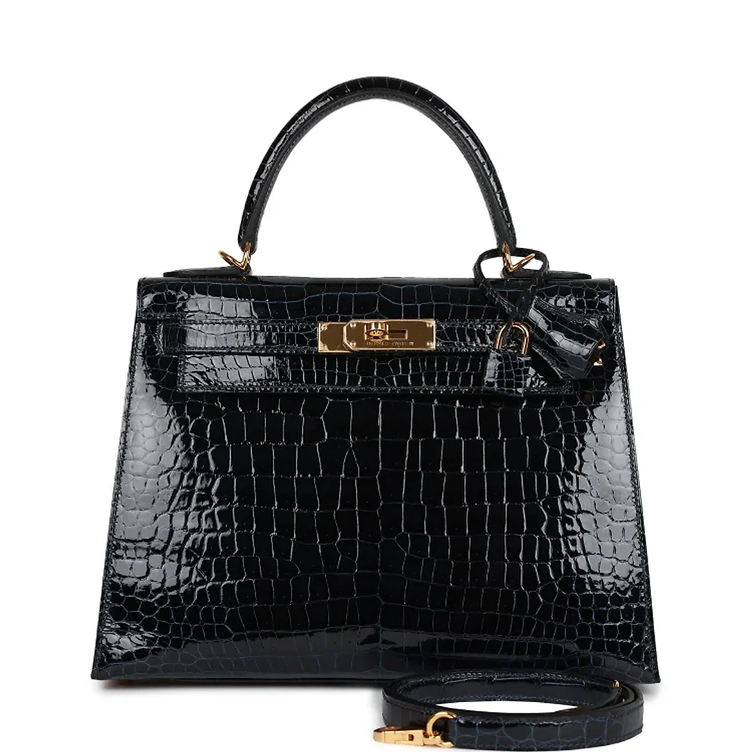 H Kelly Sellier 28 Bleu Baltique Shiny Porosus Crocodile Gold Hardware