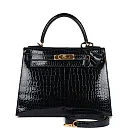 H Kelly Sellier 28 Bleu Baltique Shiny Porosus Crocodile Gold Hardware