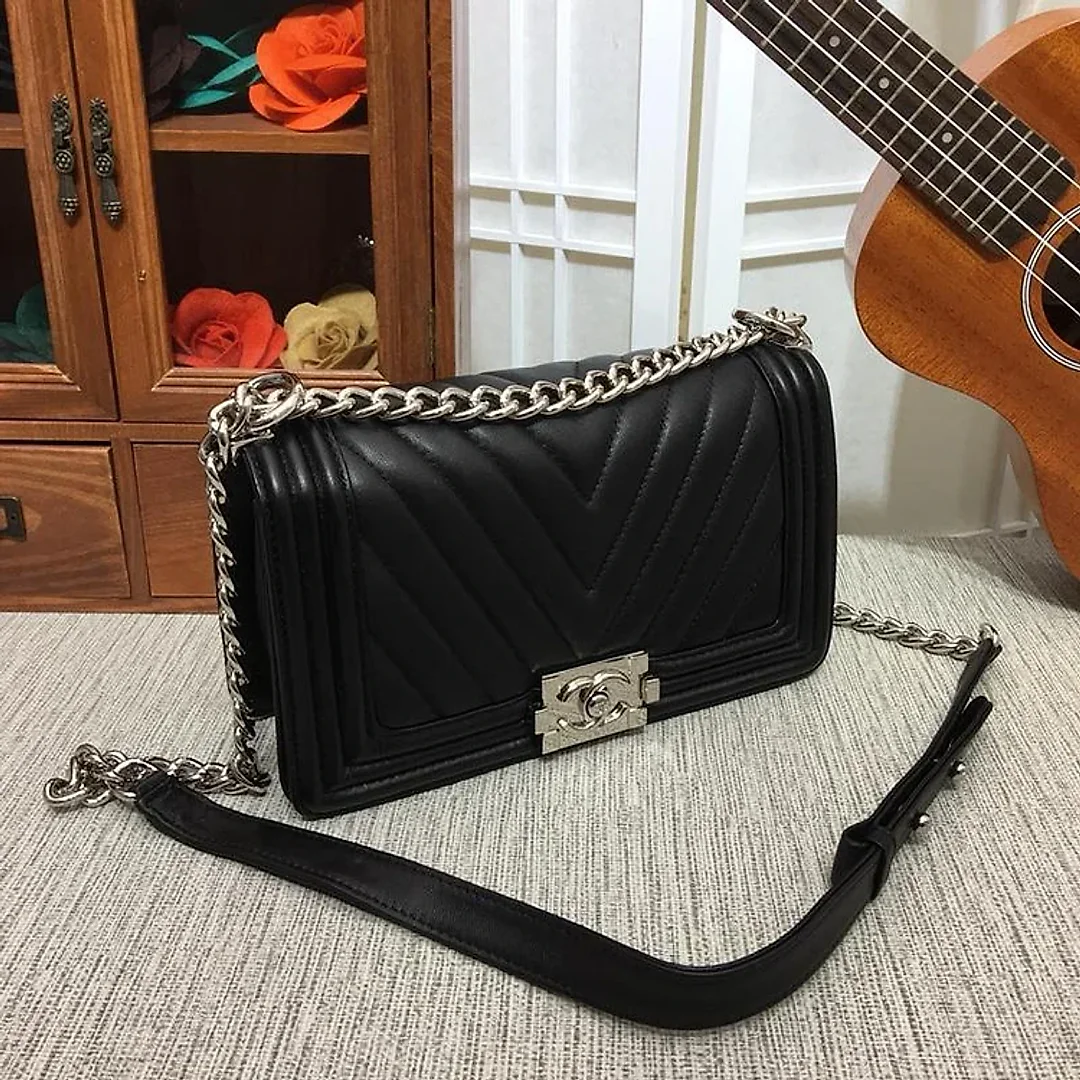 CC 25cm Boy Handbag Calfskin Silver Tone Metal Black
