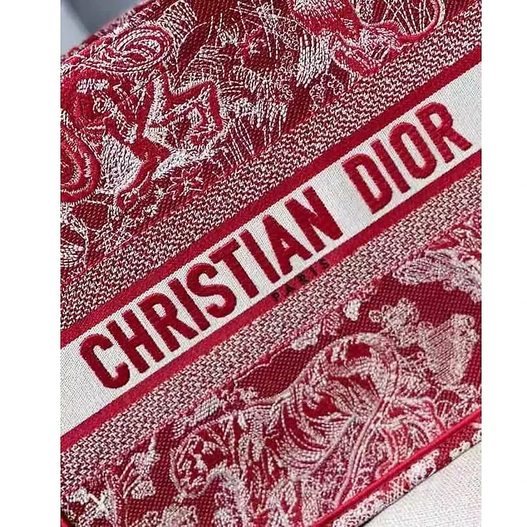 CD Unisex Medium Book Tote Burgundy Toile De Jouy Stripes Embroidery